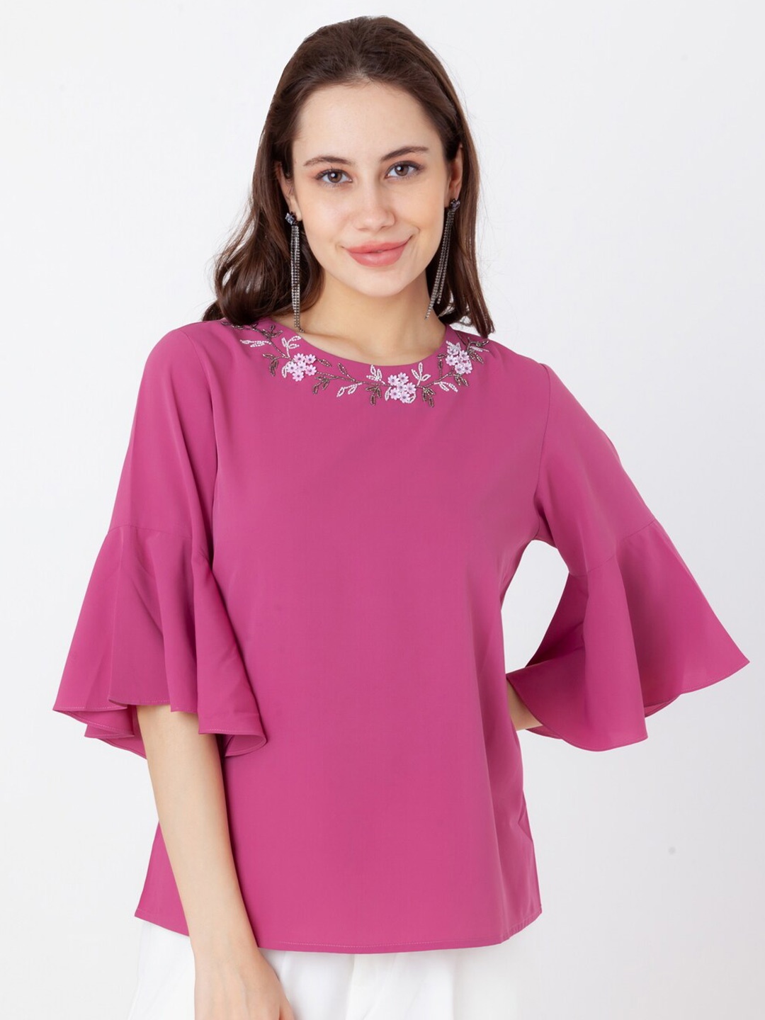 

Zink London Embroidered Round Neck Bell Sleeve Top, Pink