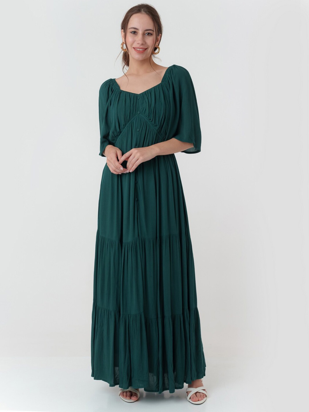 

Zink London Flared Sleeves Smocked Tiered Empire Maxi Dress, Green