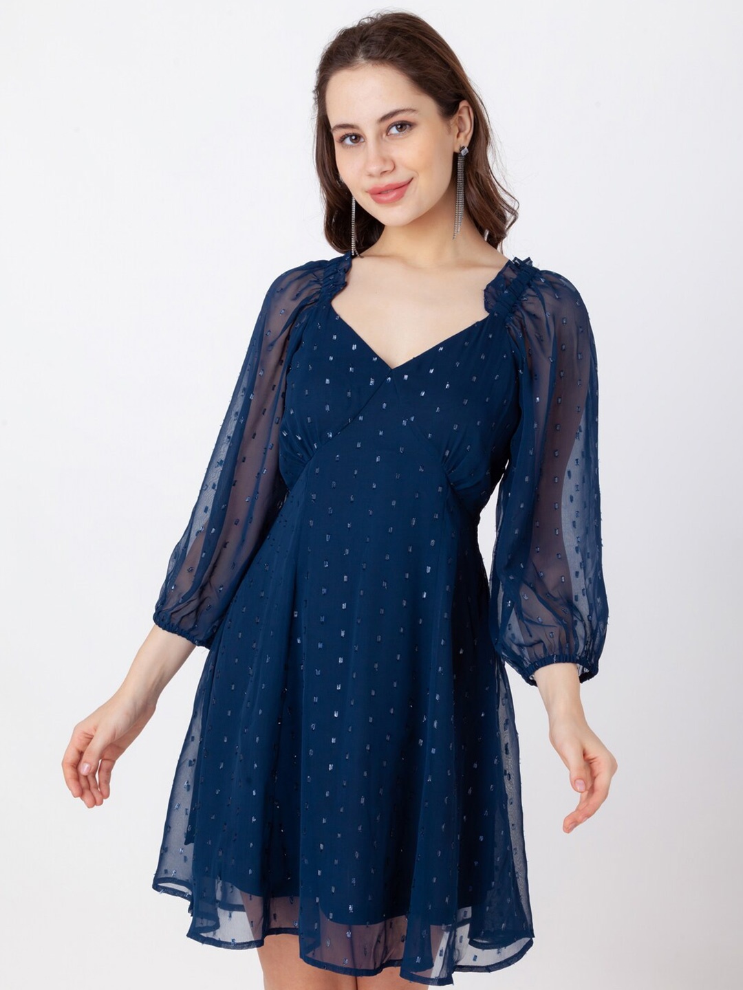 

Zink London Self Design Puffed Sleeves Empire Dress, Blue