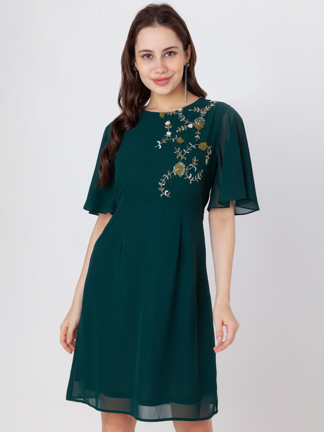 

Zink London Embroidered Flared Sleeves A-Line Dress, Green