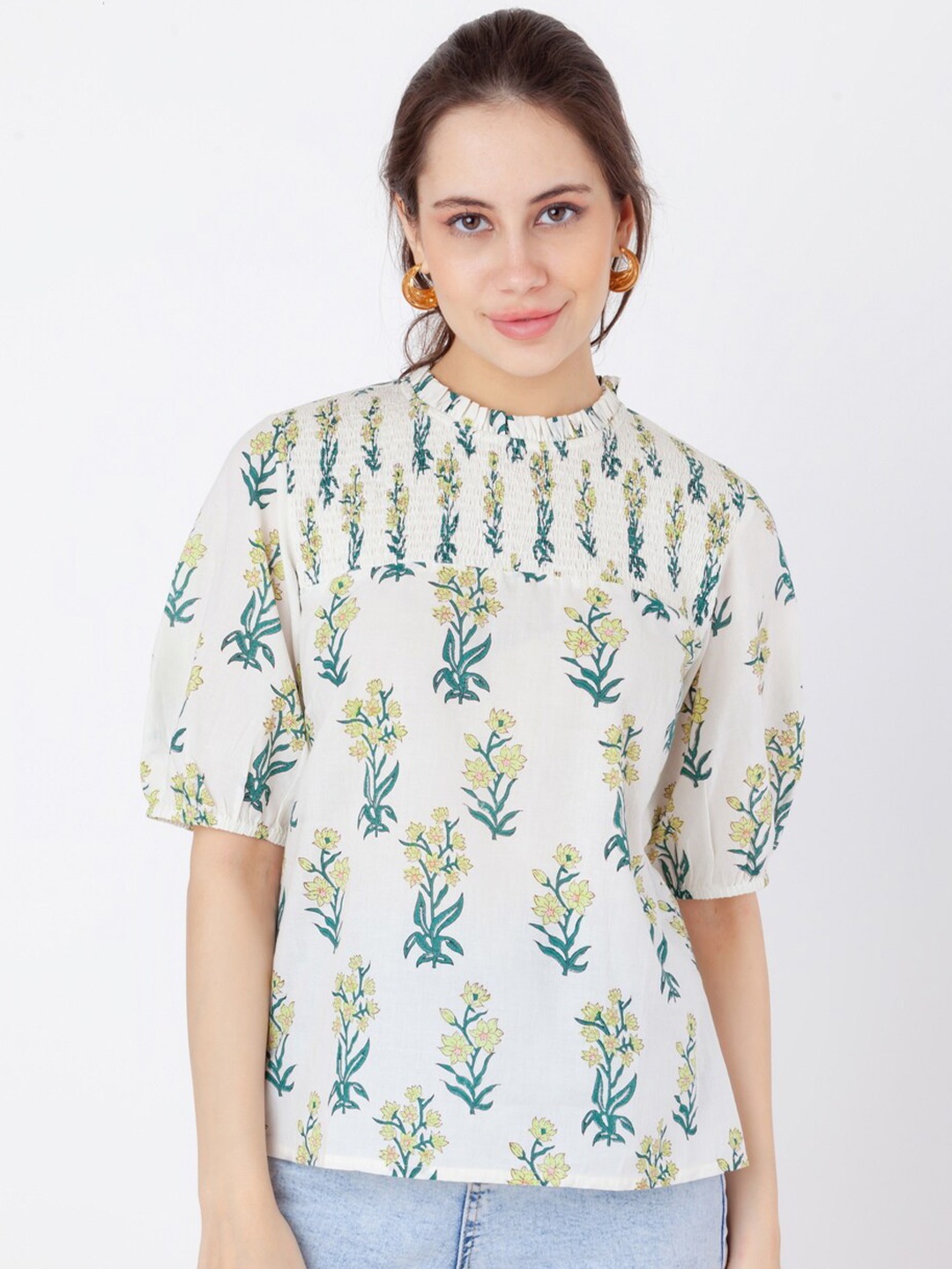 

Zink London Floral Printed Smocked Puff Sleeves Cotton Regular Top, White