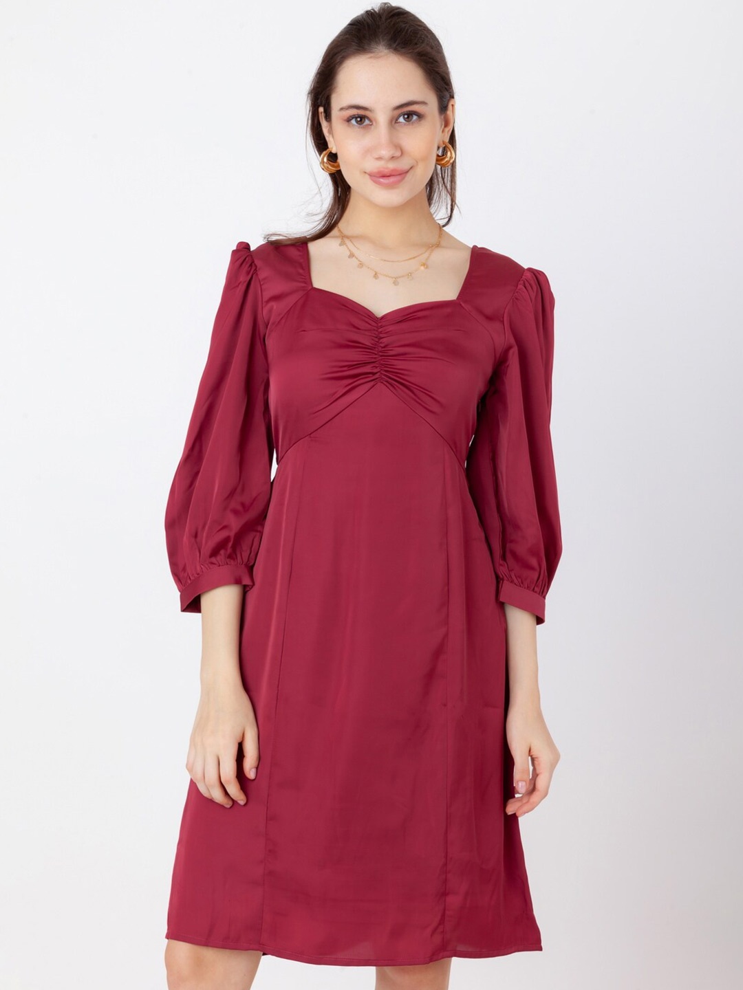 

Zink London Puff Sleeves A-Line Dress, Maroon