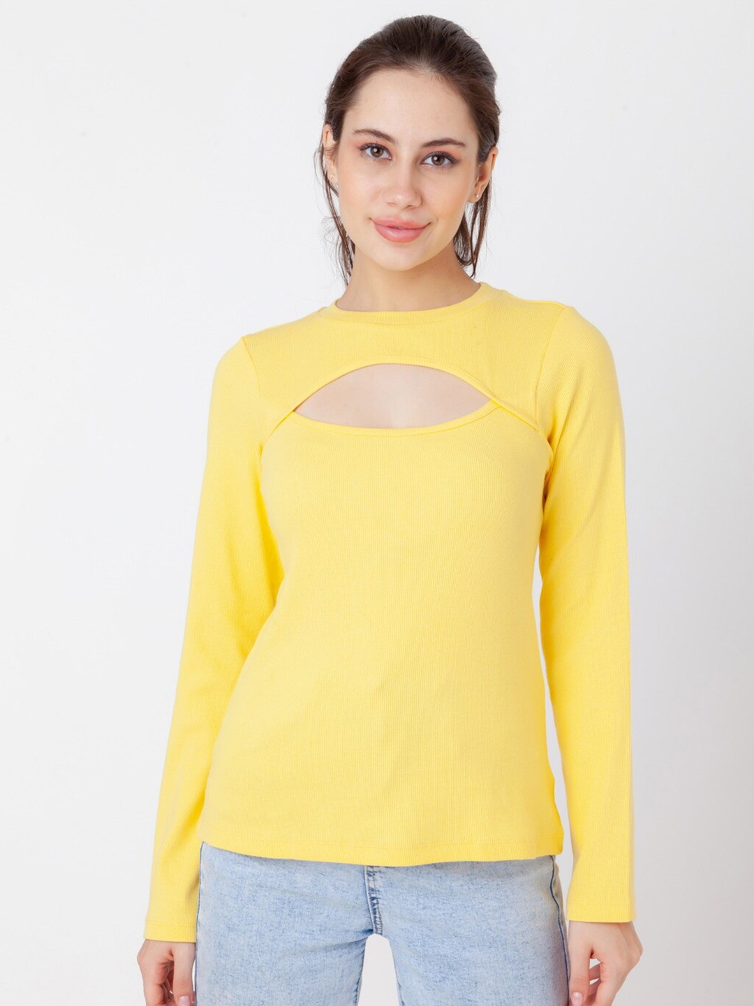 

Zink London Round Neck Pure Cotton Crop Top, Yellow