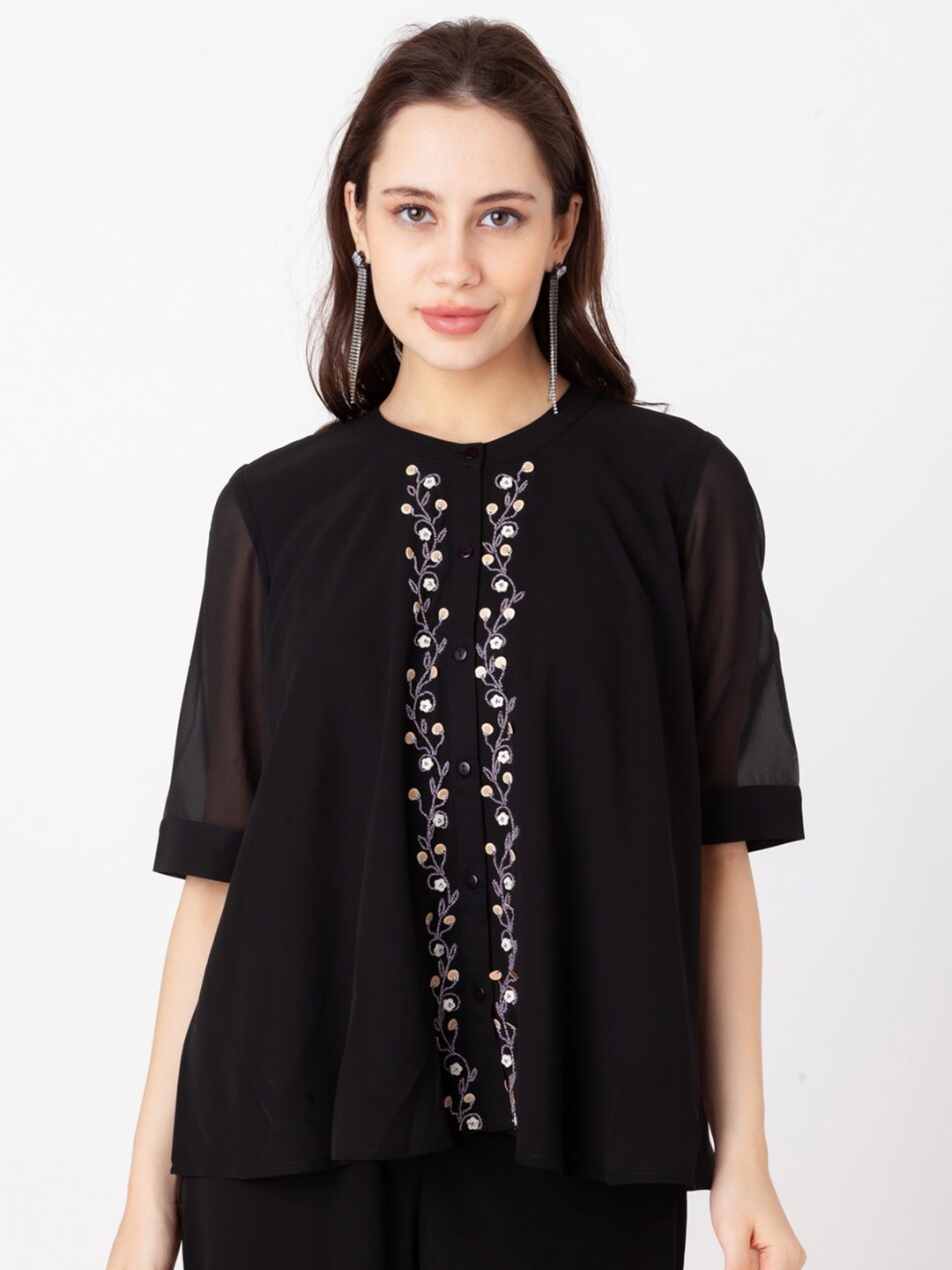 

Zink London Floral Embroidered Round Neck Shirt Style Regular Top, Black