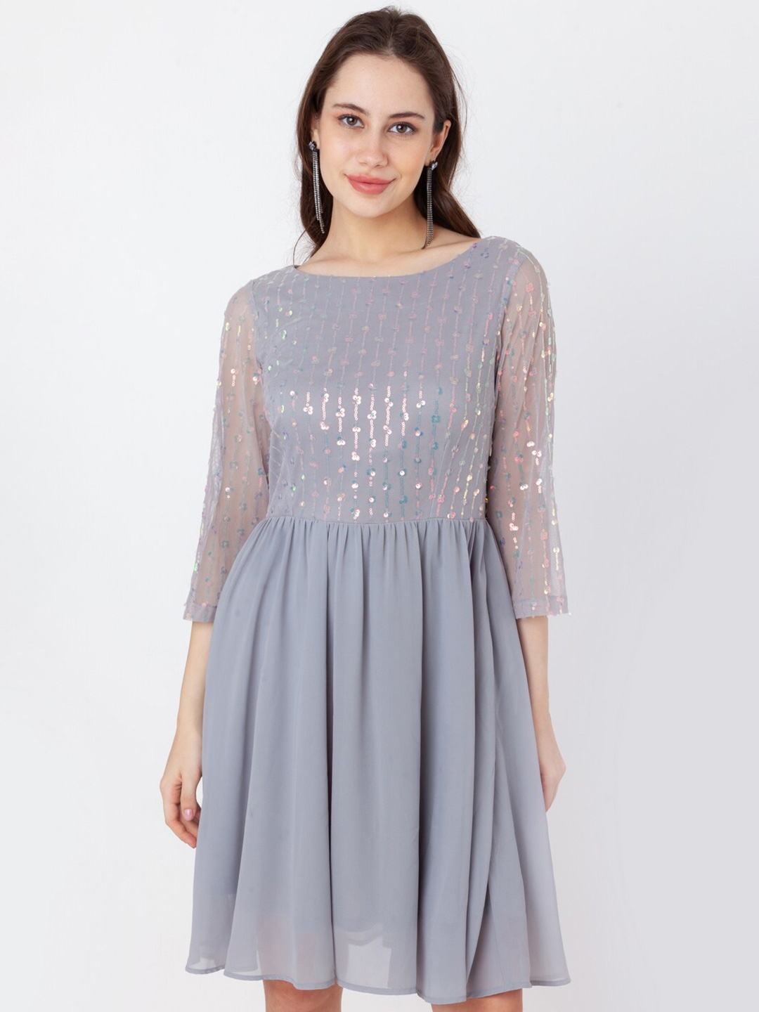 

Zink London Embellished Sequinned Fit & Flare Dress, Grey