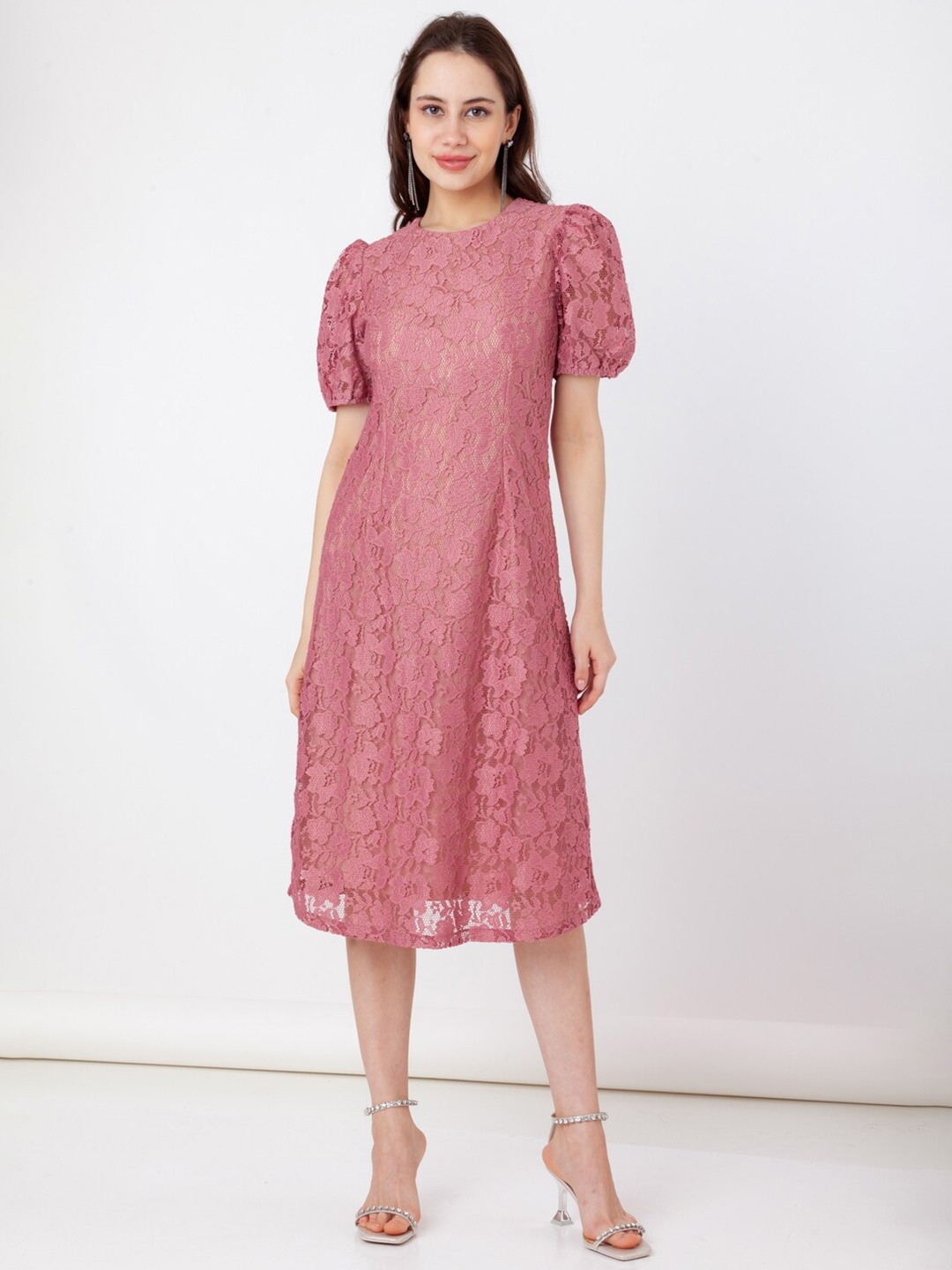 

Zink London Floral Self Design Laced Puffed Sleeves A-Line Midi Dress, Pink
