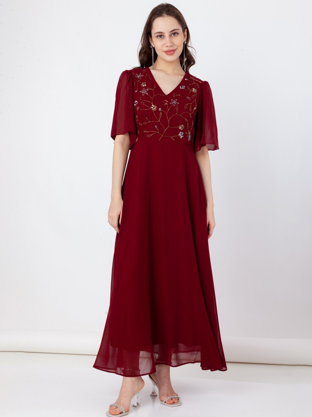 

Zink London Sequined Flared Sleeves Maxi Dress, Maroon