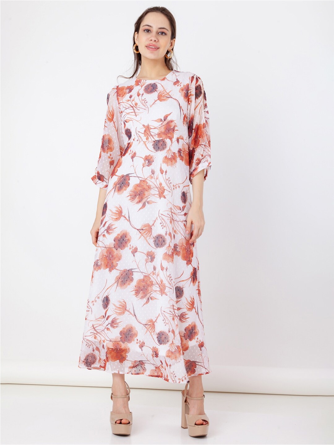 

Zink London Floral Printed Slit Sleeves Maxi Dress, Off white