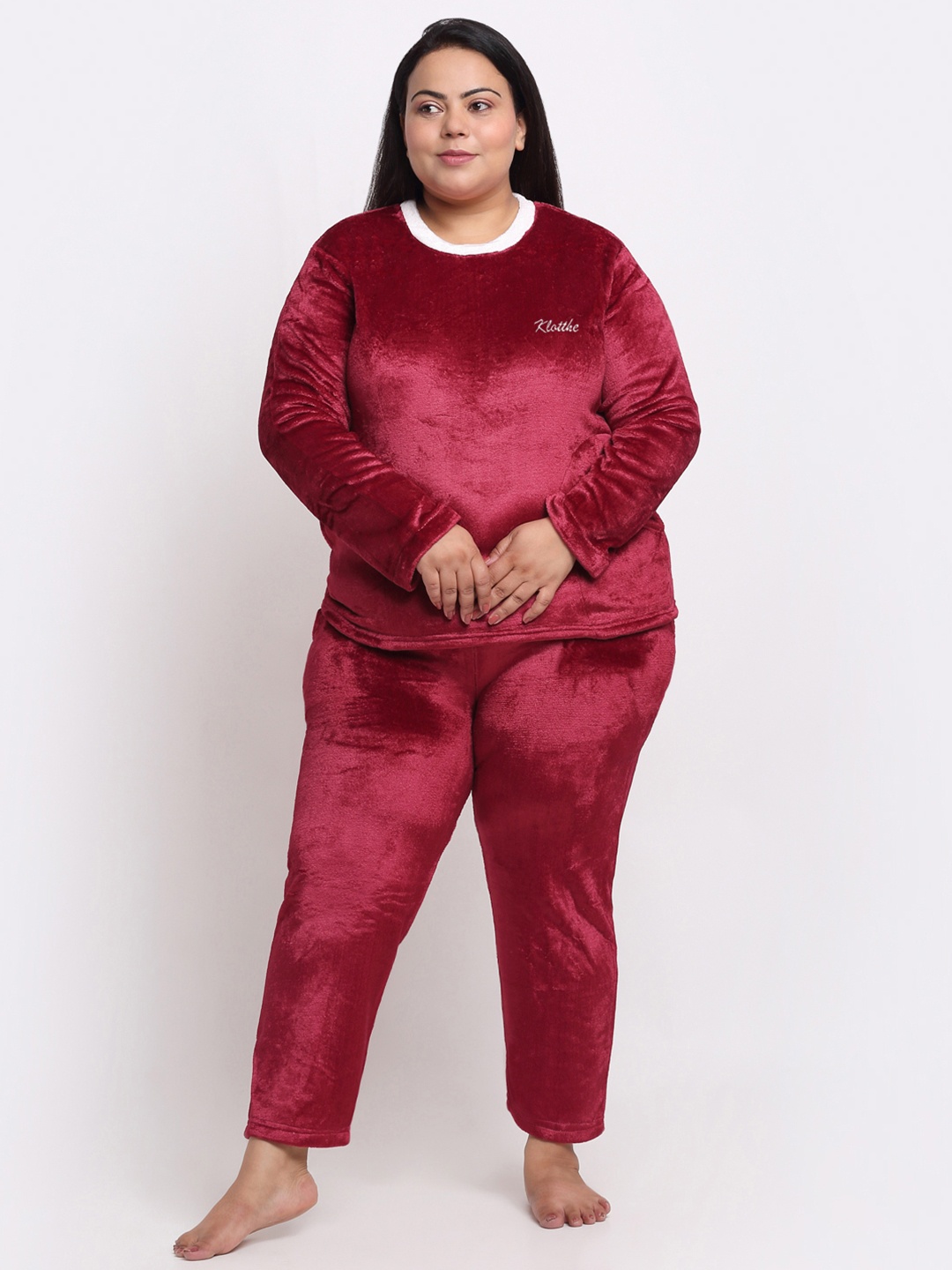 KLOTTHE Plus Size Round Neck T-shirt With Pyjama, Red
