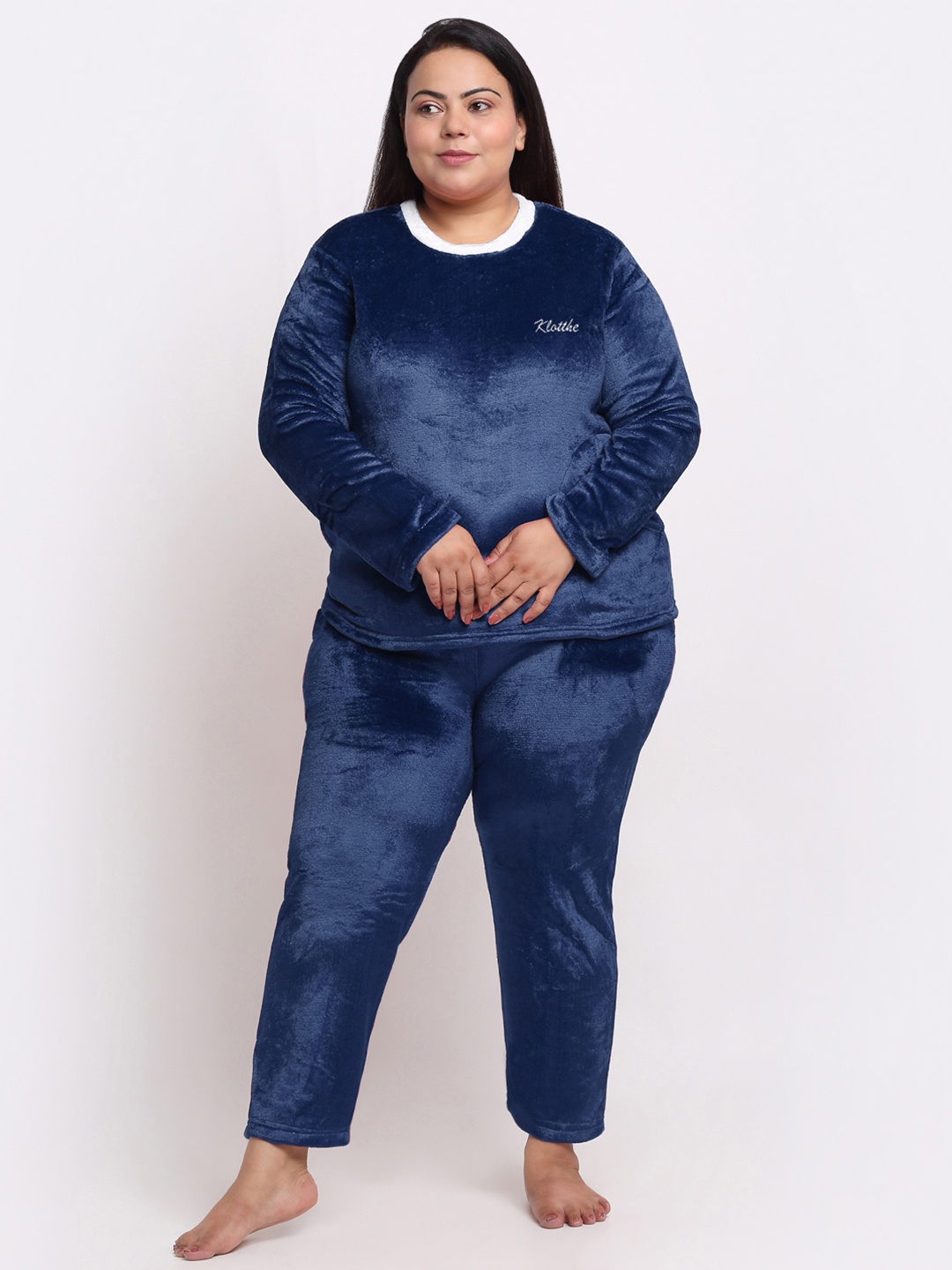 

KLOTTHE Plus Size Round Neck Woolen T-shirt With Pyjama, Blue