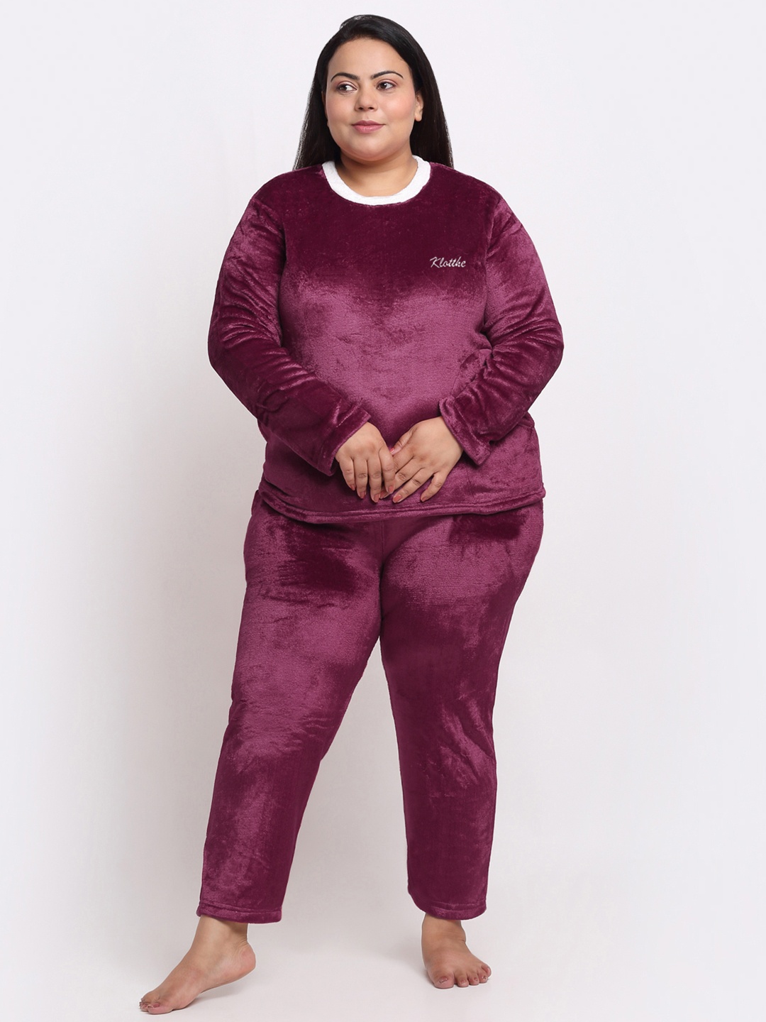 KLOTTHE Plus Size Round Neck T-shirt With Pyjama, Maroon