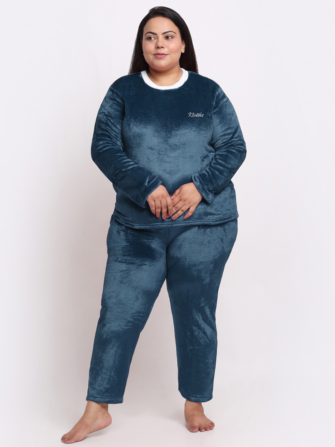 KLOTTHE Plus Size Round Neck Wool T-shirt With Pyjama, Blue
