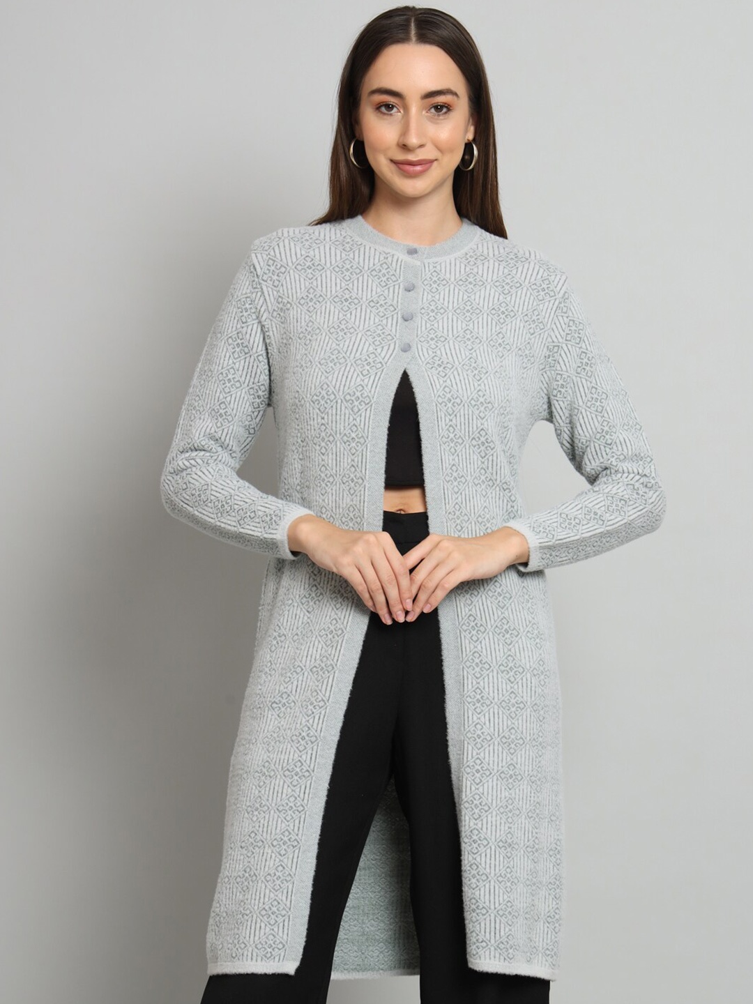 

BROOWL Self Design Woollen Longline Cardigan, Grey