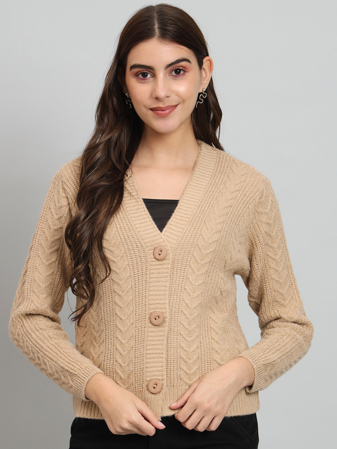 

BROOWL Cable Knit Woollen Cardigan, Camel brown