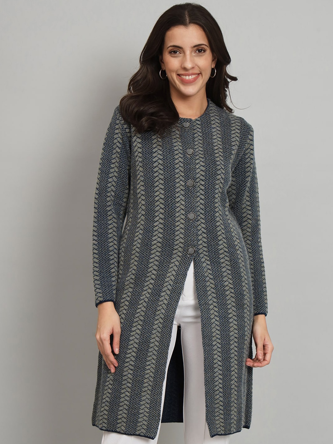 

BROOWL Chevron Woollen Longline Cardigan, Grey