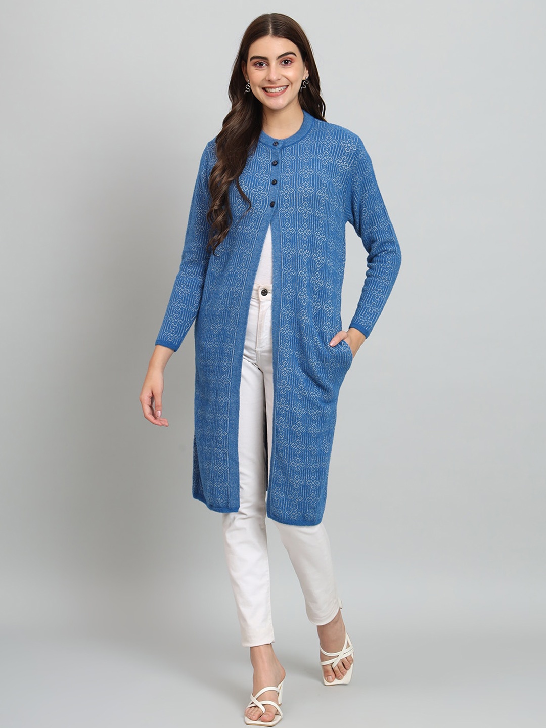 

BROOWL Self Design Woollen Longline Cardigan, Blue