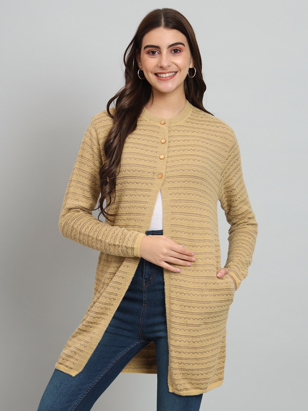 

BROOWL Self Design Woollen Longline Cardigan, Beige