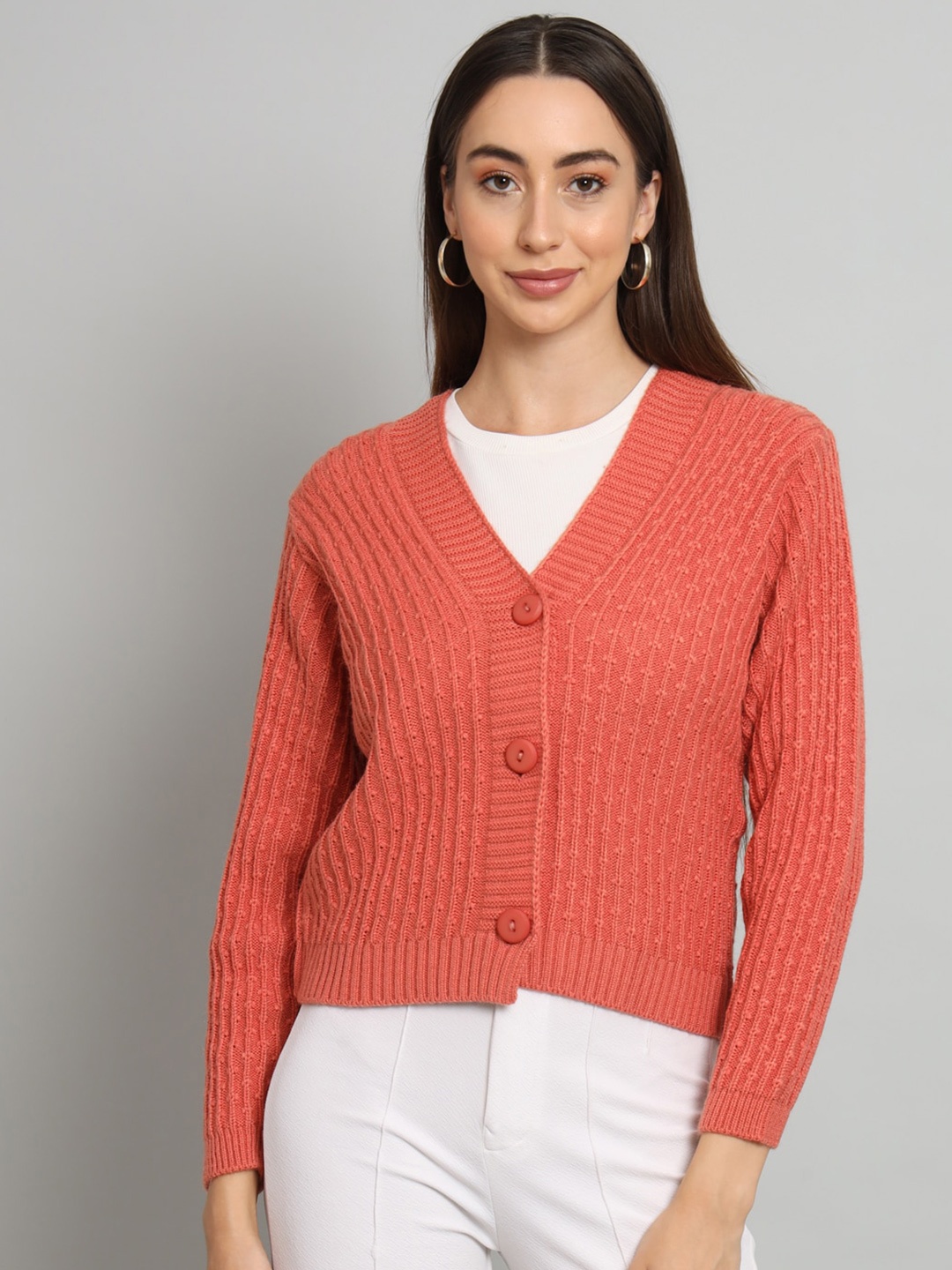 

BROOWL Self Design Woollen Cardigan, Orange