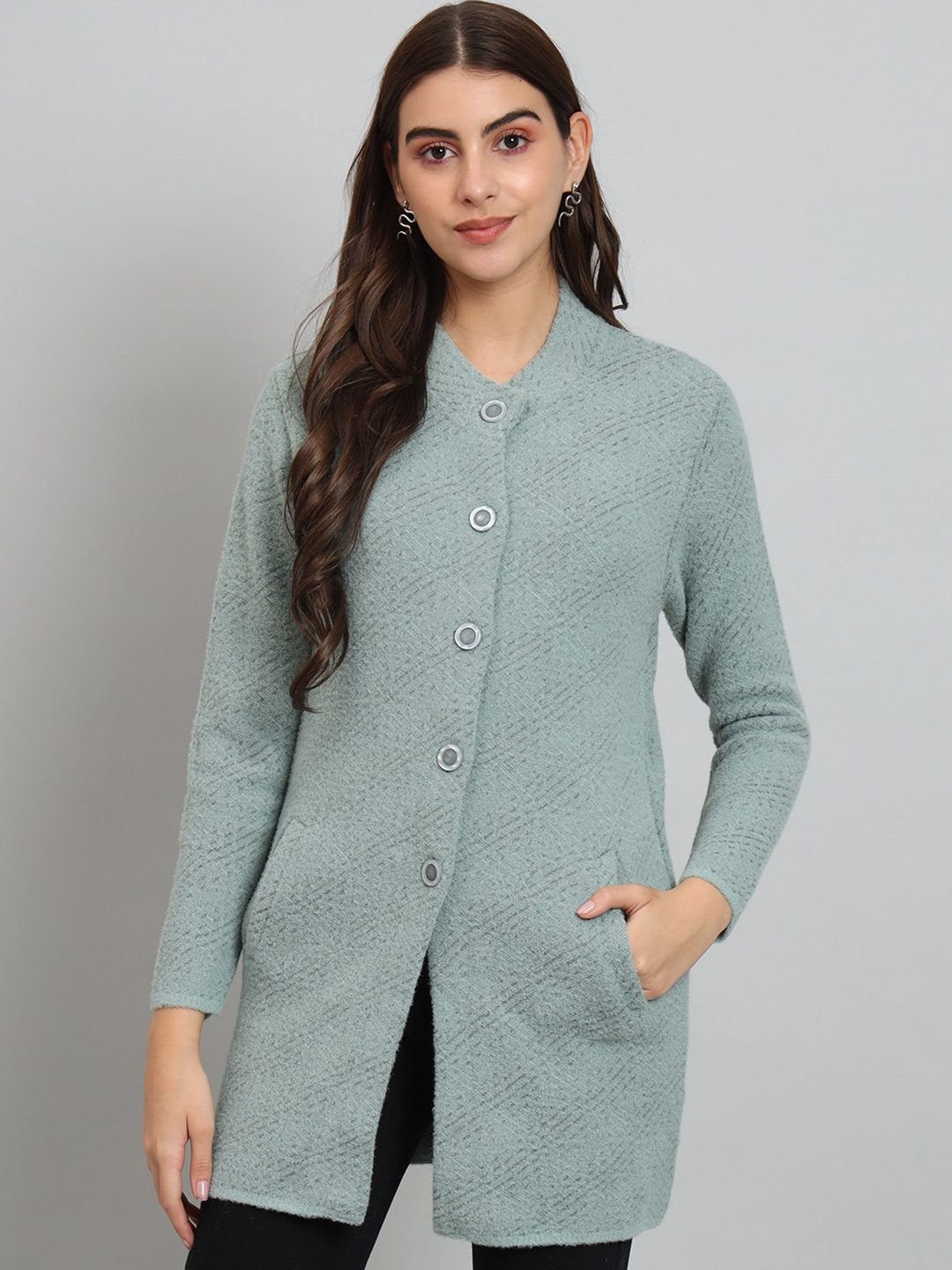 

BROOWL Self Design Cable Knit Wool Longline Cardigan, Green