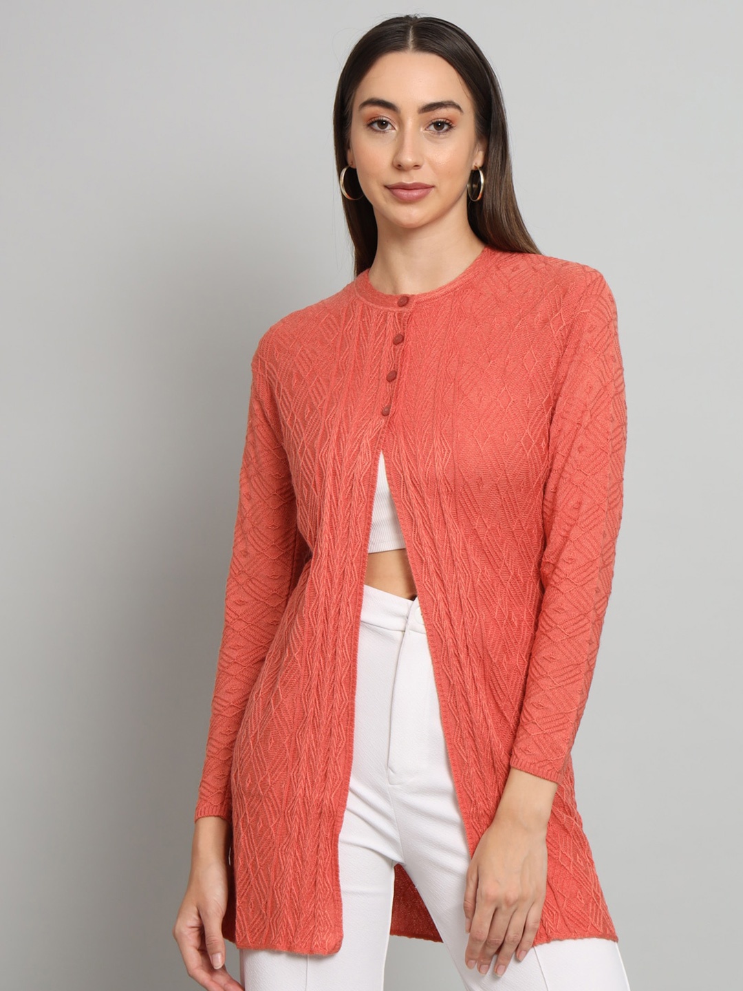 

BROOWL Cable Knit Woollen Longline Cardigan, Peach