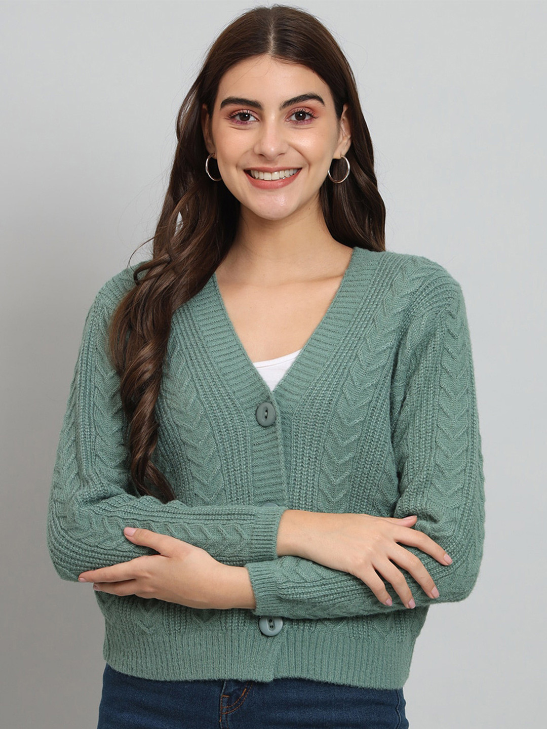 

BROOWL Cable Knit Woollen Crop Cardigan, Green