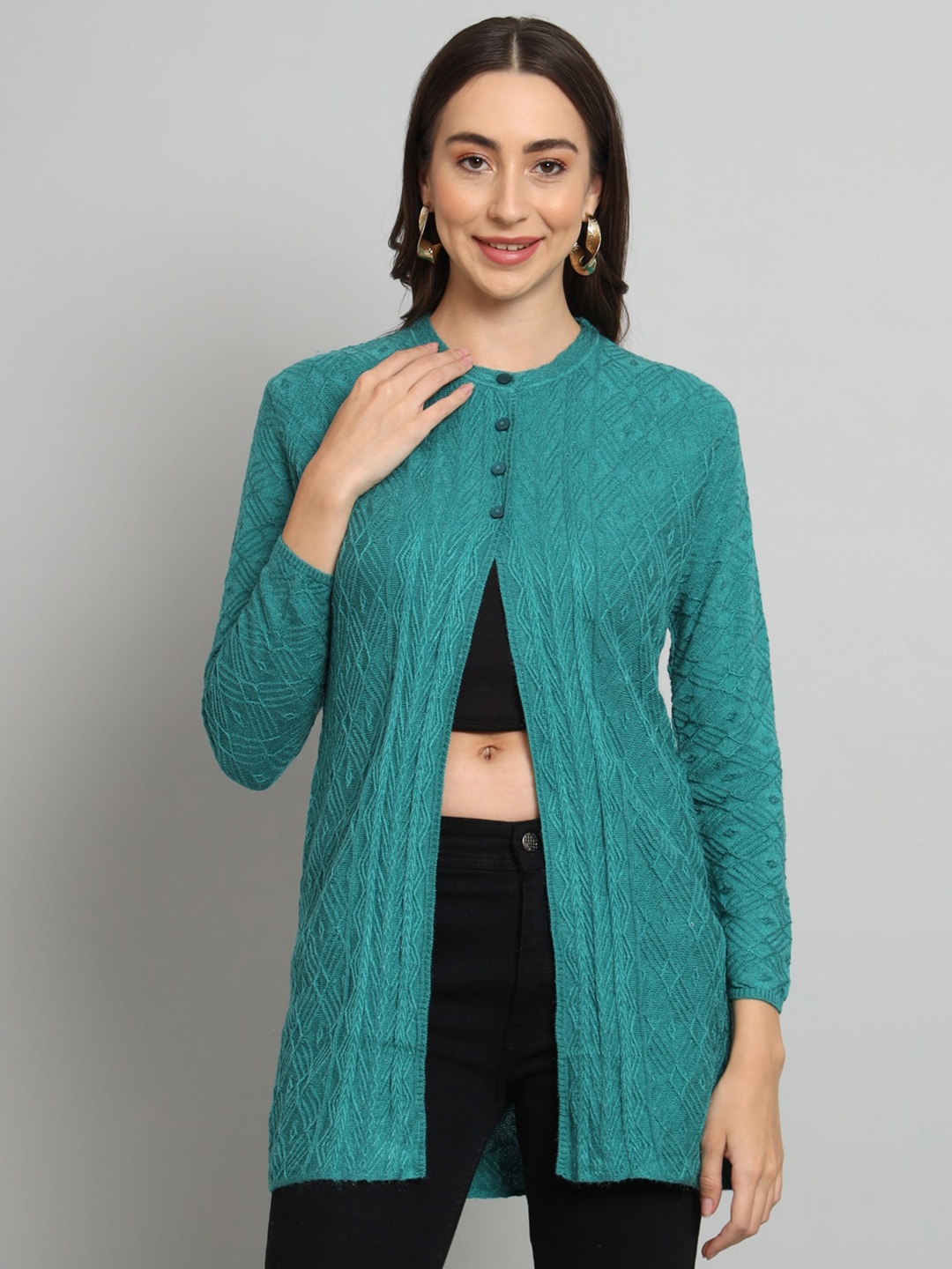 

BROOWL Self Design Woollen Longline Cardigan, Green