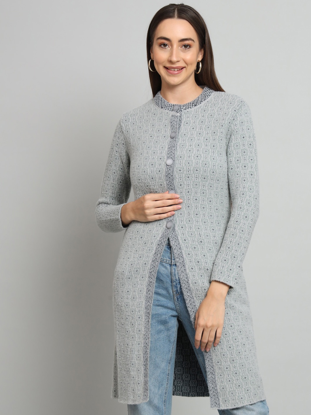 

BROOWL Self Design Woollen Longline Cardigan, Grey