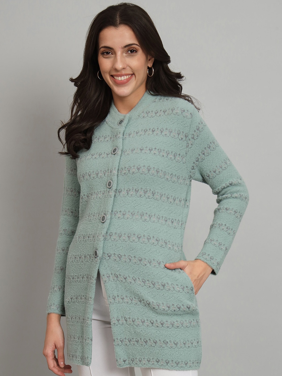 

BROOWL Self Design Woollen Longline Cardigan, Blue