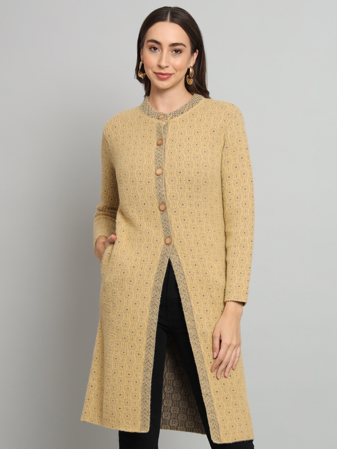 

BROOWL Self Design Woollen Longline Cardigan, Yellow