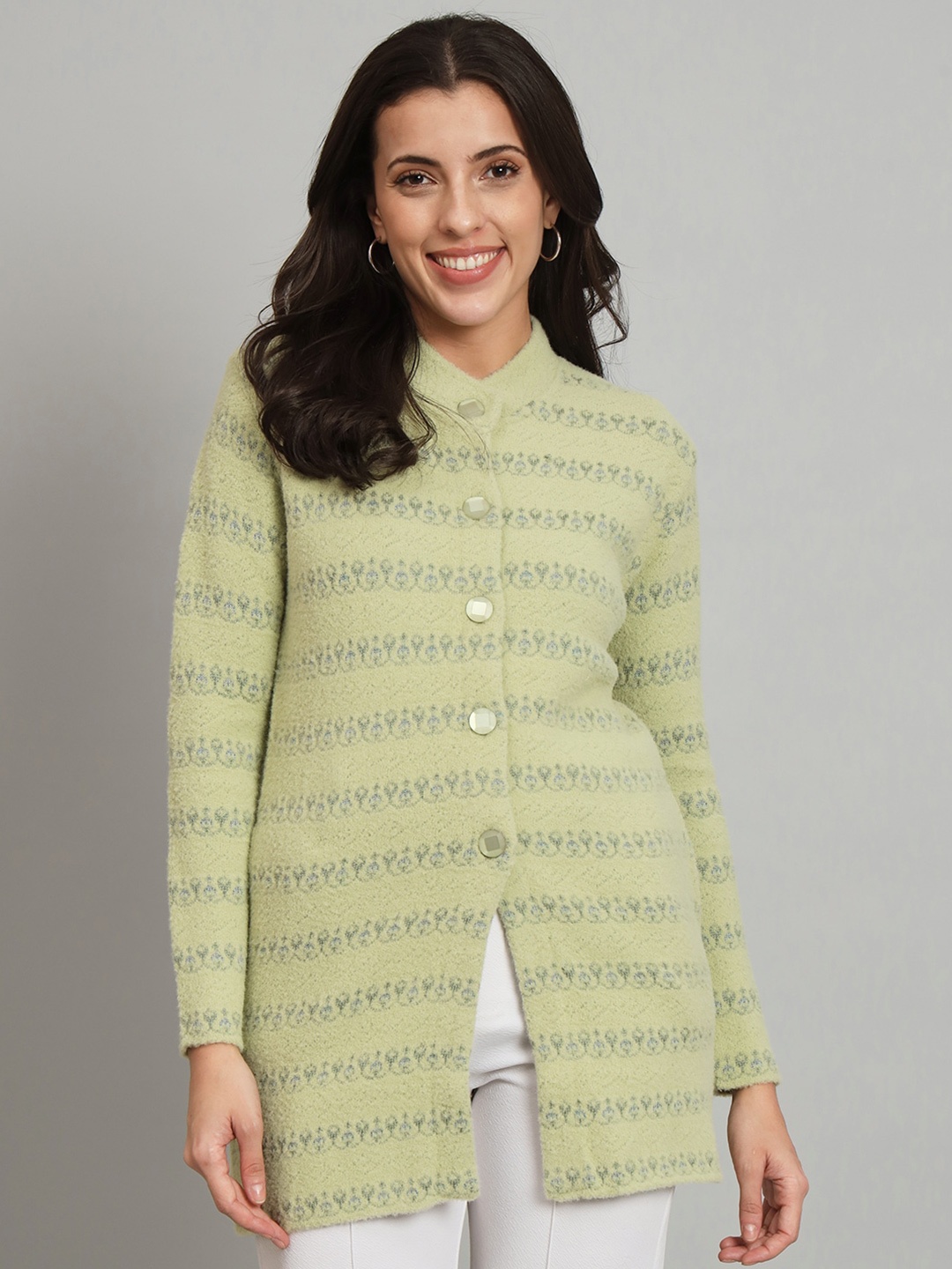 

BROOWL Self Design Woollen Longline Cardigan, Green