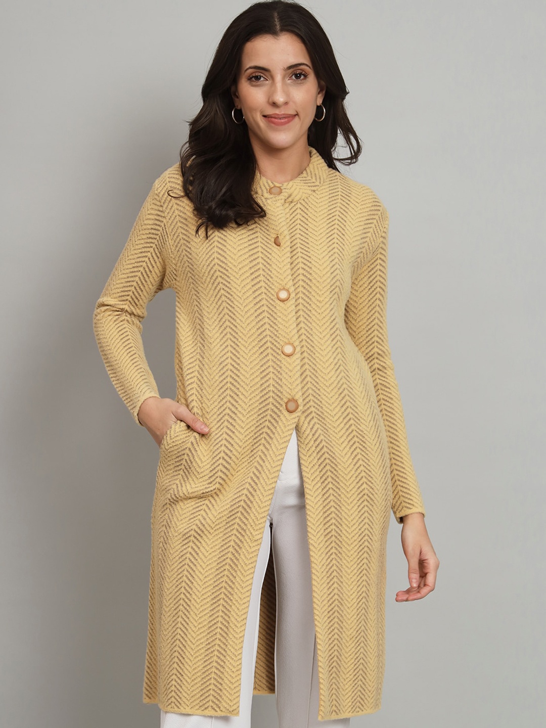 

BROOWL Self Design Woollen Longline Cardigan, Beige