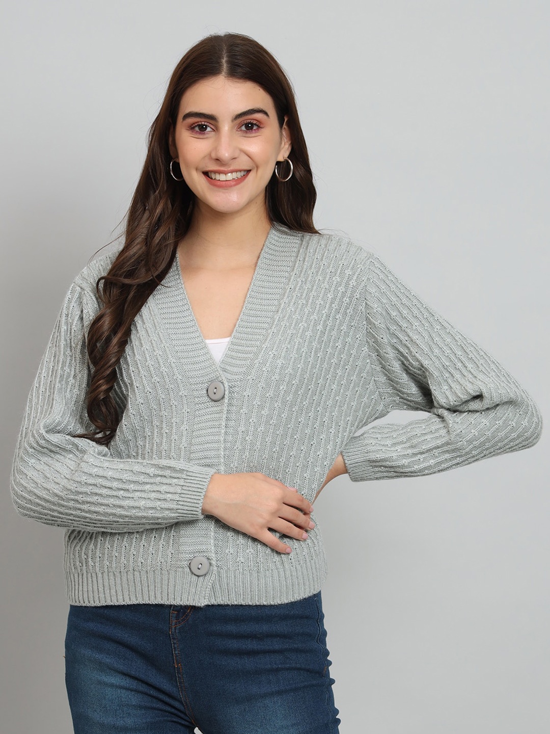 

BROOWL Striped Wool Cardigan, Grey