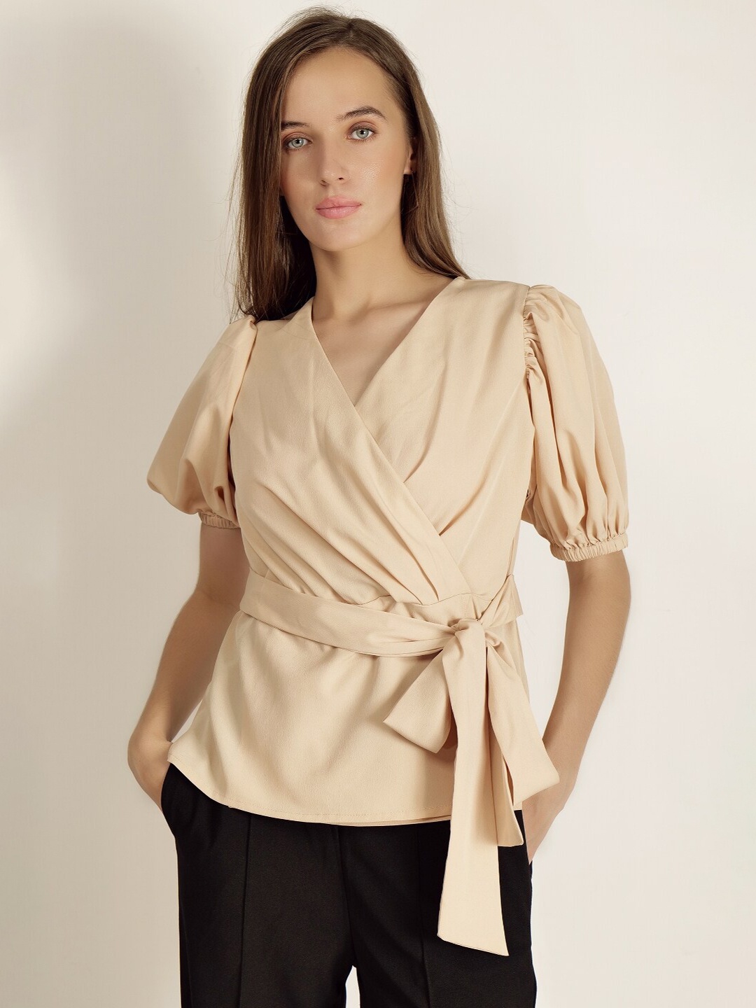 

INVICTUS Puff Sleeves Crepe Wrap Top, Beige