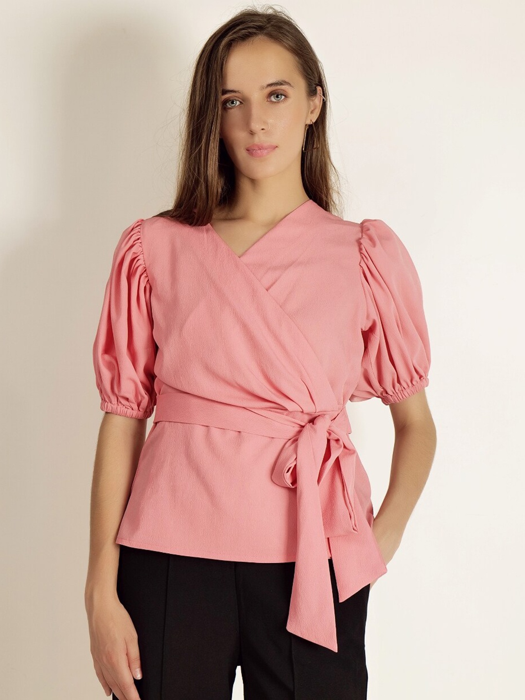 

INVICTUS Puff Sleeves Crepe Wrap Top, Pink