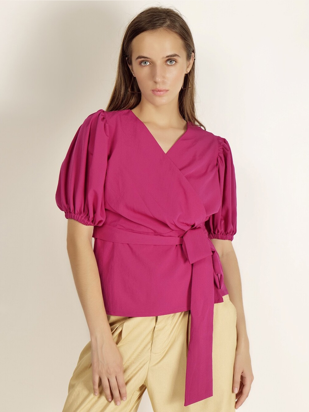 

INVICTUS Puff Sleeves Crepe Wrap Top, Fuchsia