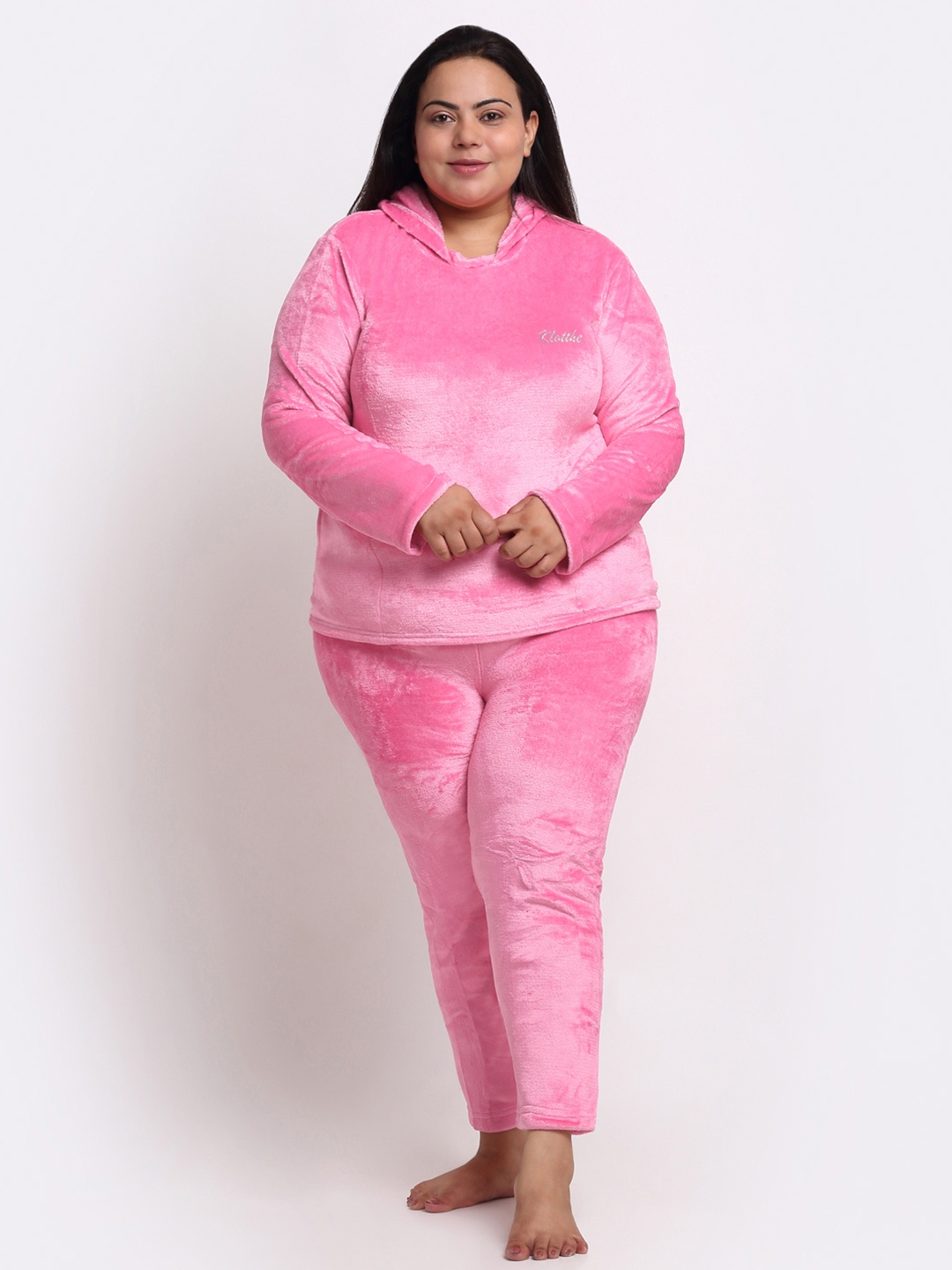 

KLOTTHE Plus Size Hooded Velvet Wool T-shirt With Trouser, Pink