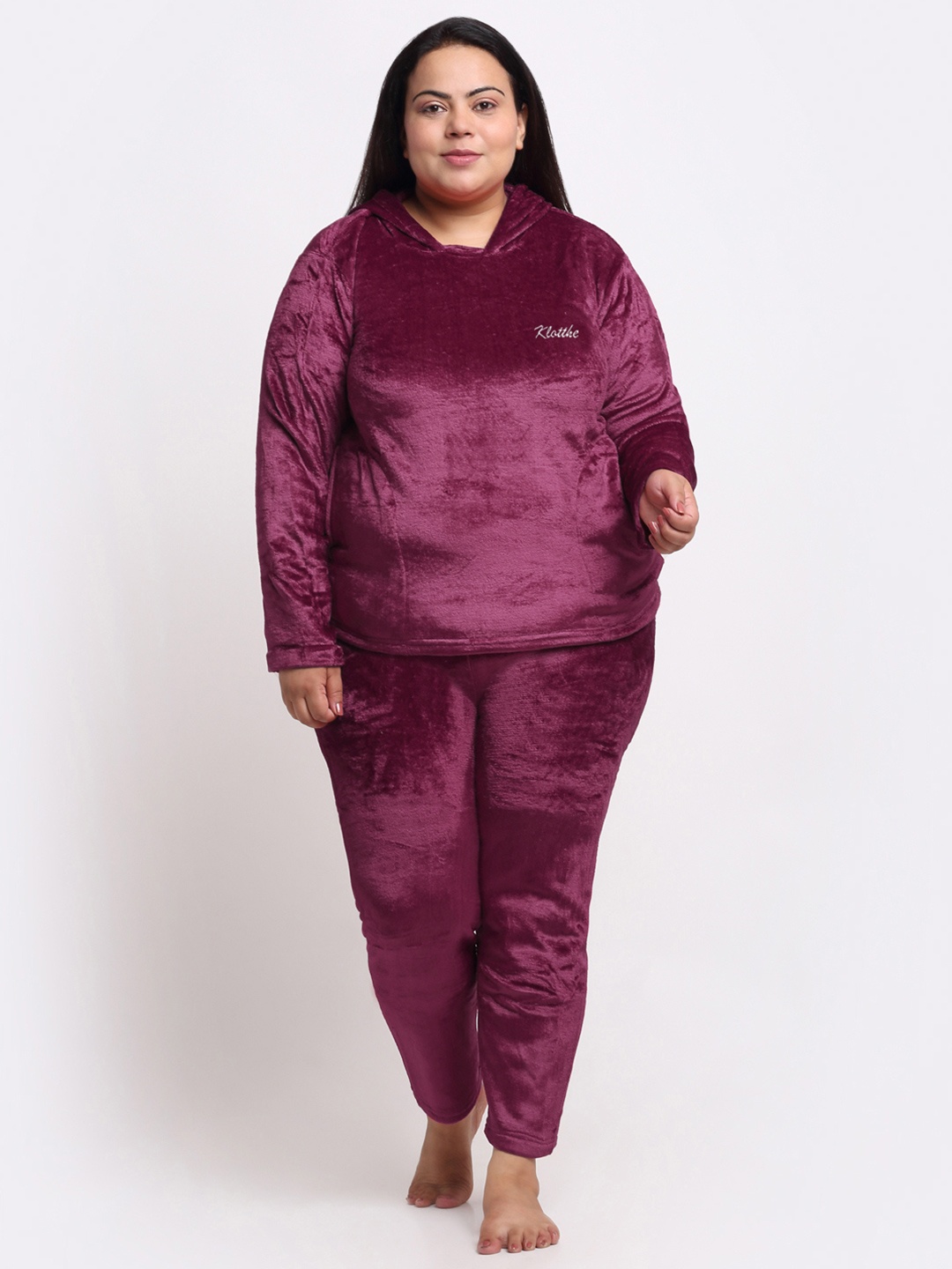 

KLOTTHE Plus Size Hooded Woollen T-shirt With Trouser, Maroon