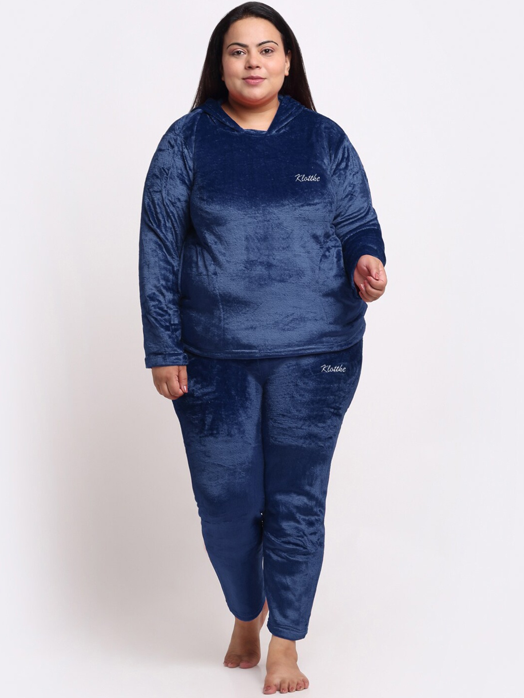 

KLOTTHE Plus Size Hooded Velvet T-shirt With Trouser, Blue