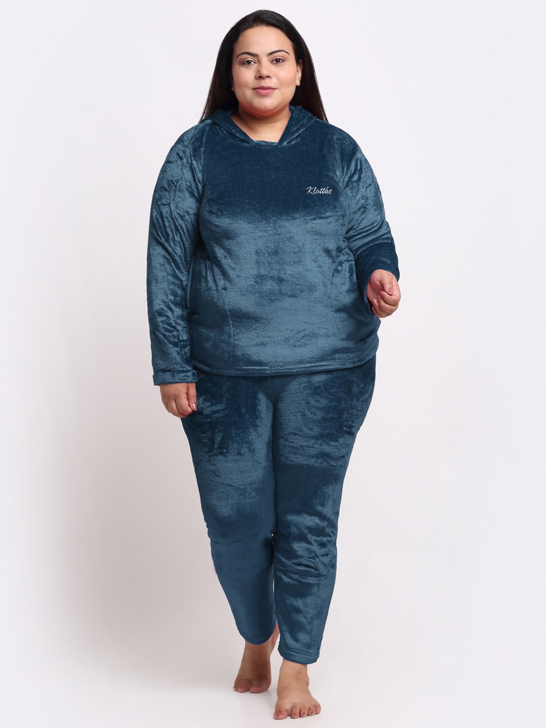 

KLOTTHE Plus Size Hooded Velvet T-shirt With Trouser, Blue