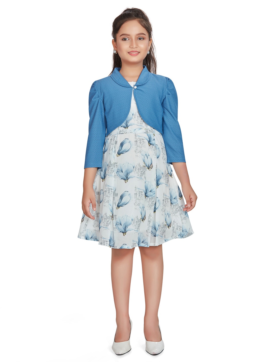 

Peppermint Floral Print Fit & Flare Pleated Dress With Jacket, Blue