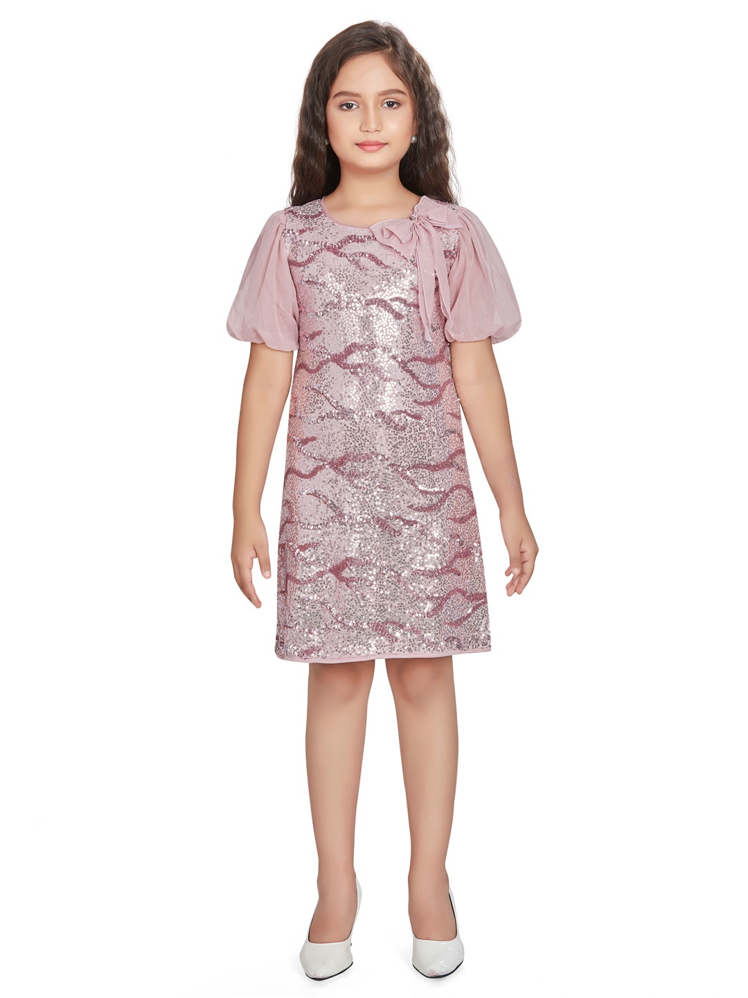 

Peppermint Girls Embellished Puff Sleeves Sequined Detail A-Line Dress, Pink