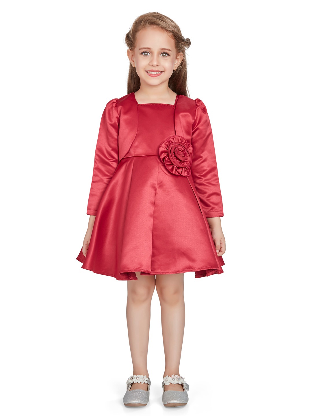 

Peppermint Girls Square Neck Puff Sleeves Fit and Flare Dress, Red