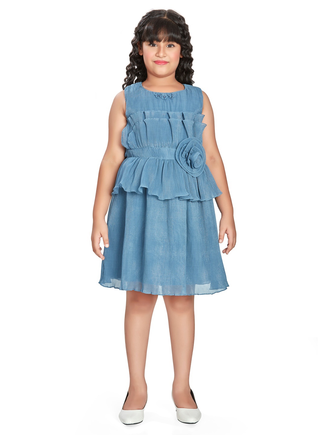 

Peppermint Girls Self Design Gathered Fit & Flare Dress, Blue