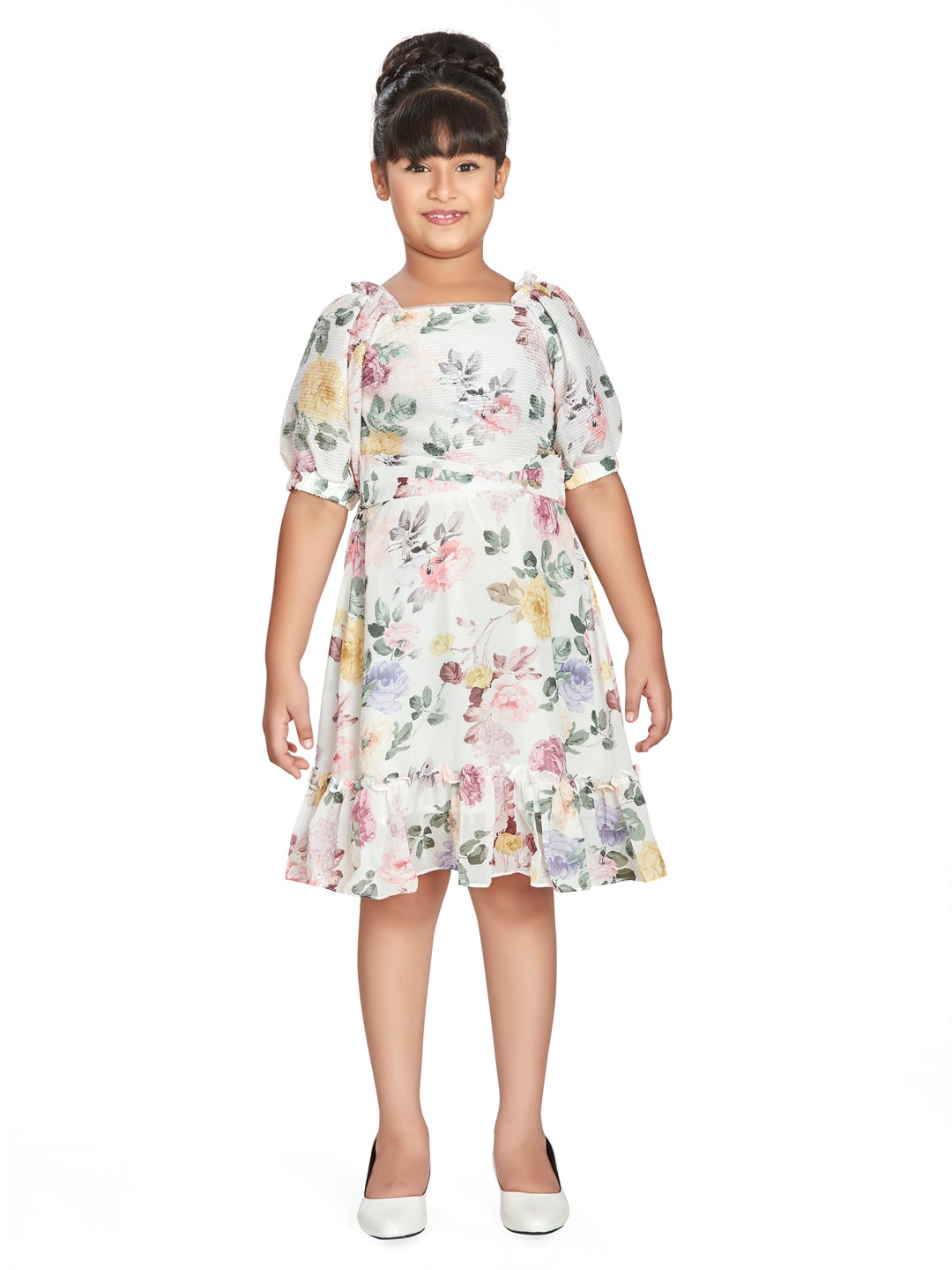 

Peppermint Floral Printed Sequined Fit & Flare Dress, White