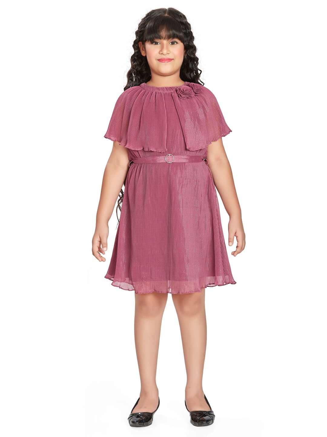 

Peppermint Girls Cape Sleeve Fit & Flare Dress With Belt, Pink