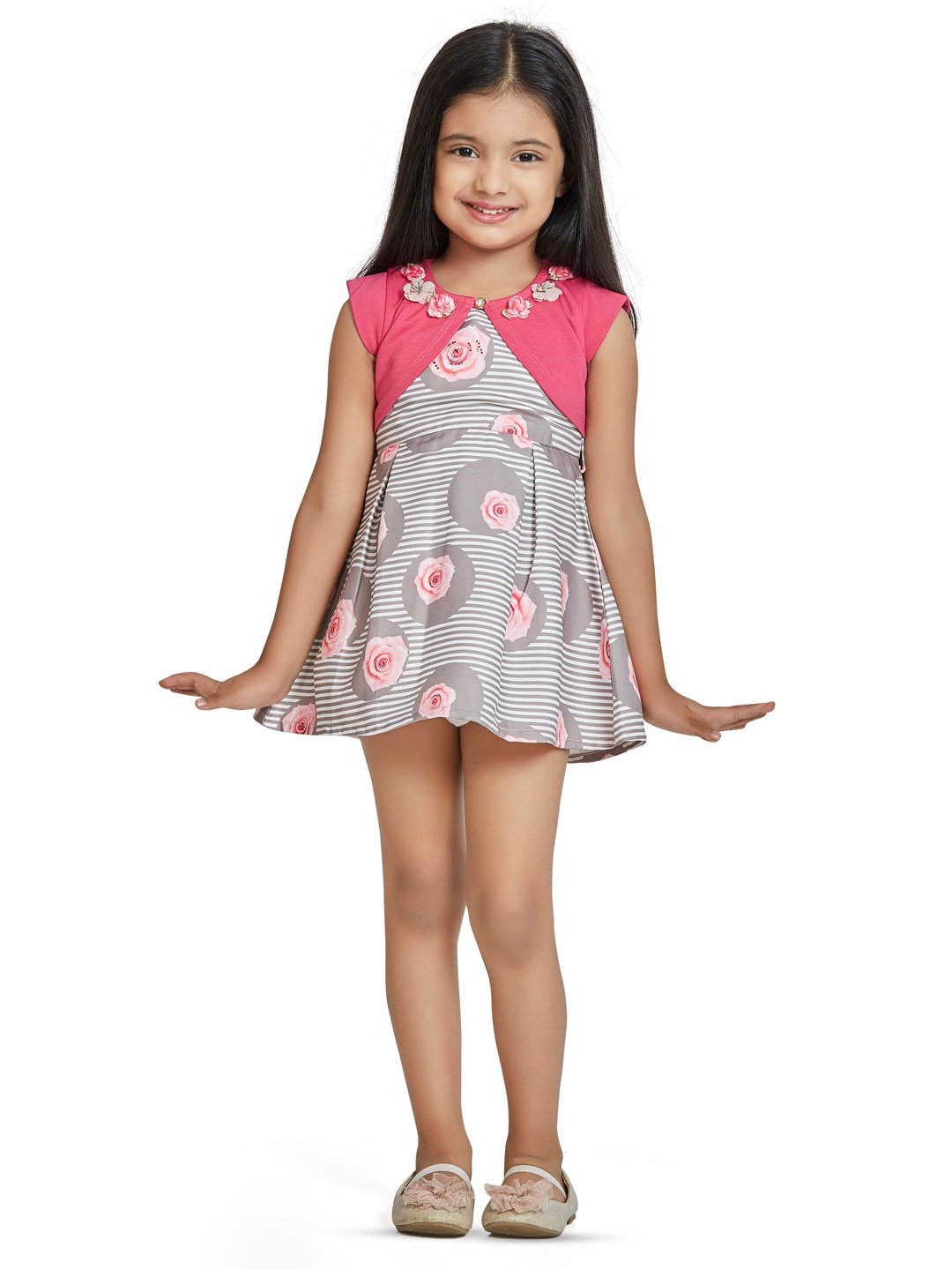 

Peppermint Girls Floral Printed Crepe Fit & Flare Mini Dress With Crop Jacket, Beige