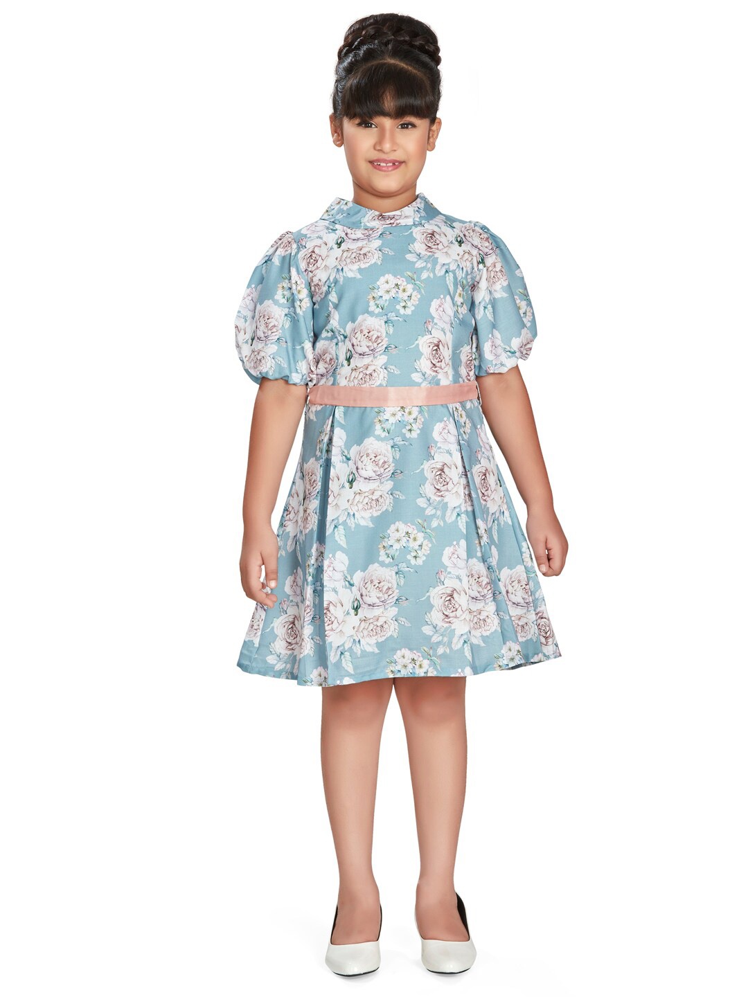 

Peppermint Girls Floral Printed Puff Sleeves Fit & Flare Dress With Belt, Blue