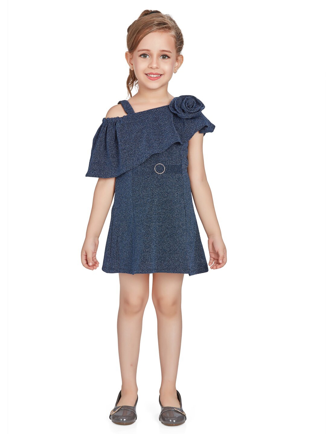 

Peppermint Girls Embellished One Shoulder Fit & Flare Dress, Navy blue