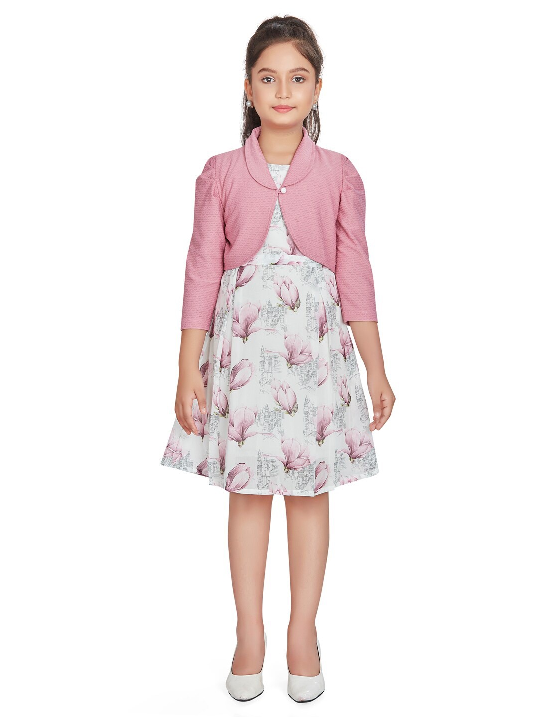 

Peppermint Floral Printed Fit & Flare Dress With Jacket, Pink