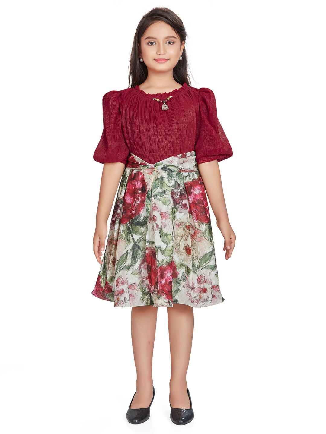 

Peppermint Girls Floral Printed Puff Sleeves Fit & Flare Dress, Maroon